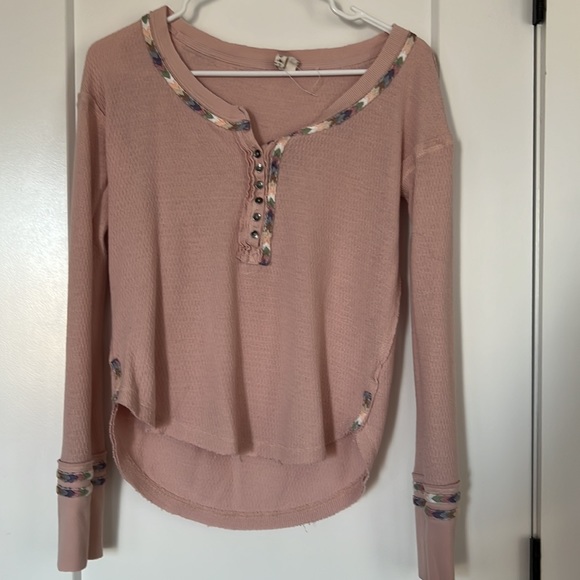 Free People Pink Rainbow Chevron Embroidered Thermal We The Free Henley. SMALL - Picture 3 of 9